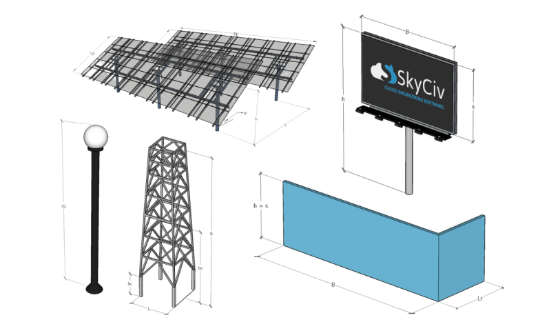 Illustration showing six structural components with dimension callouts: a solar panel array, a billboard on a pole, a street lamp, a lattice tower, and a blue L-shaped barrier with measurement lines.