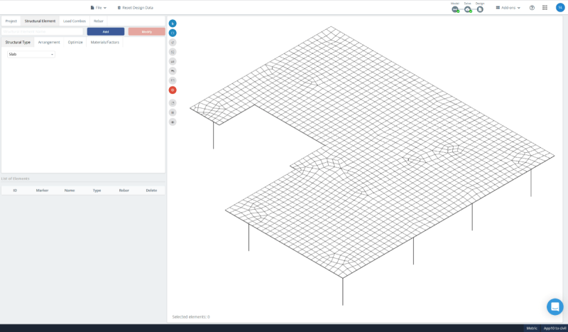 skyciv-slab-design-basic-1200×700-min-800×467.png Isometric 3D wireframe of a building floor plan with a gridded surface and vertical supports.