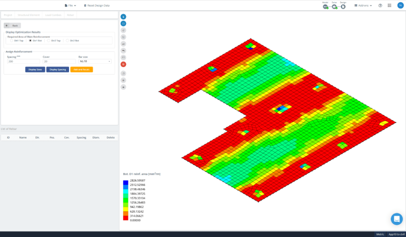 slab-design-optimization-options-1200×700-min-800×467.png Screenshot of engineering software showing a 3D color‑coded reinforcement layout: two connected slabs with a red→green→yellow gradient; left panel contains controls and a color legend.