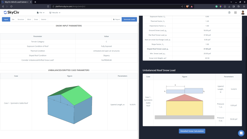 Screenshot of SkyCiv snow load calculator: left panel shows Snow Input Parameters and a blue-green 3D roof cube; right panel shows unbalanced roof snow load diagrams and data.